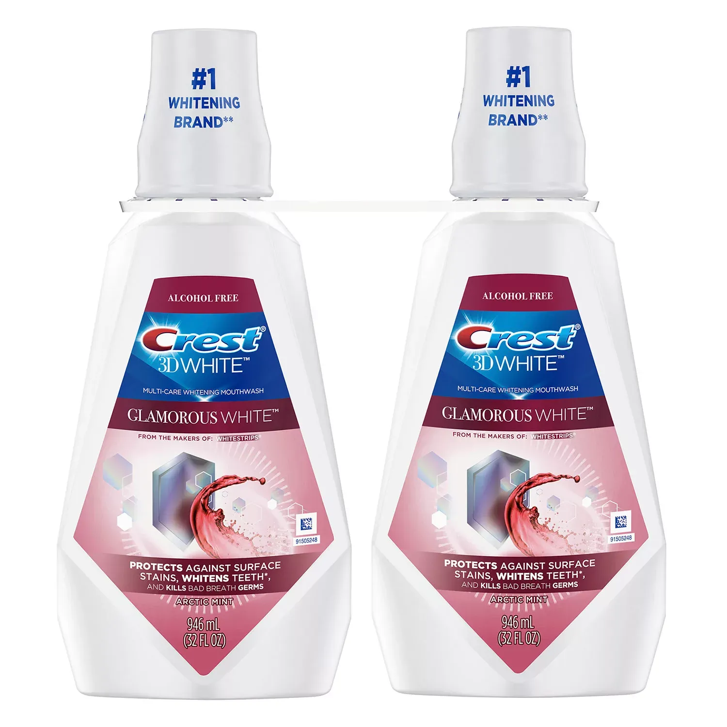 Crest 3D White Glamorous White Alcohol-Free Whitening Mouthwash, Arctic Mint, 32 oz., 2 pk