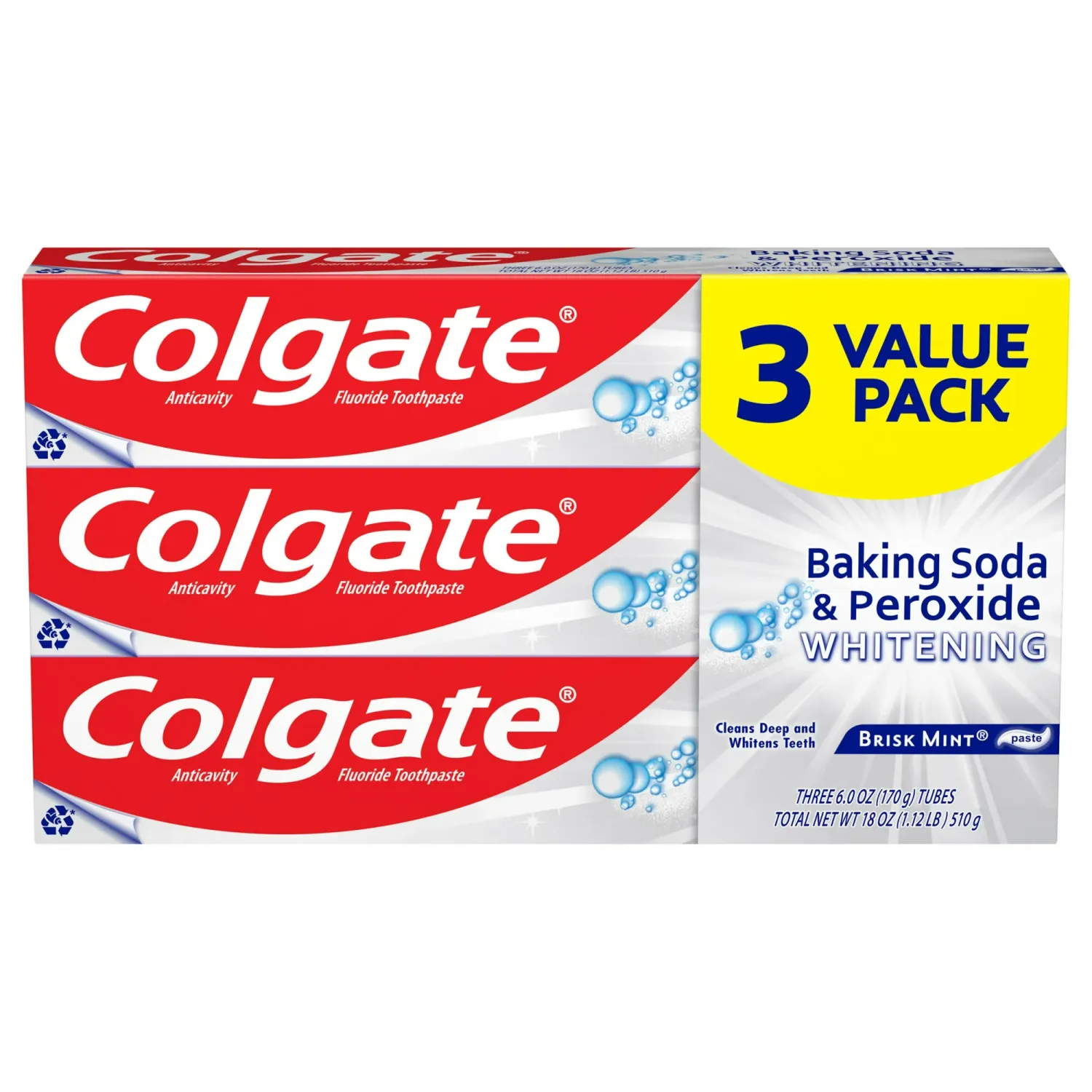 Colgate Baking Soda and Peroxide Whitening Toothpaste, Brisk Mint - 6 Ounce, 3 Pack