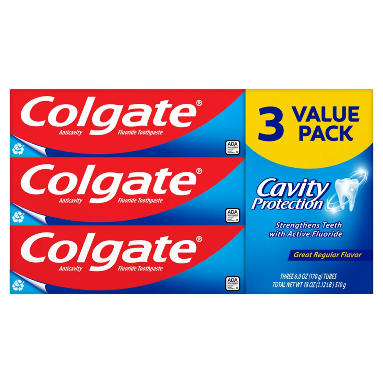 Colgate Cavity Protection Toothpaste with Fluoride, Great Regular Flavor - 6 Ounce (3 pack)