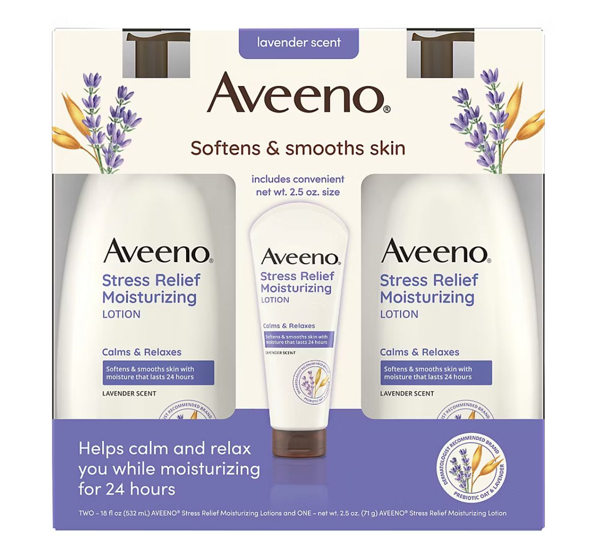 Aveeno Stress Relief Moisturizing Body Lotion with Lavender Scent, 2 pk./18 oz. + 2.5 oz.