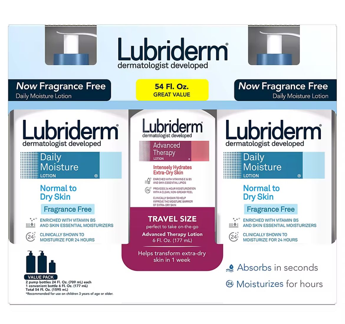 Lubriderm Daily Moisture Unscented &amp; Advanced Therapy Lotion, 3 pk.