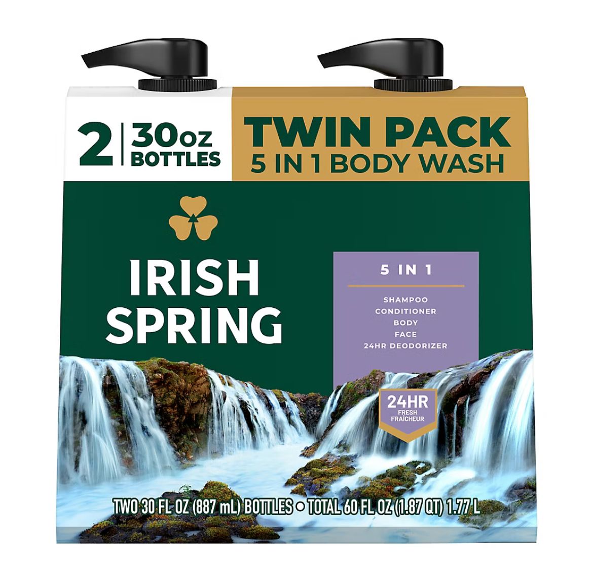 Irish Spring 5-in-1 Mens Body Wash, Pump, 2 pk./30oz.