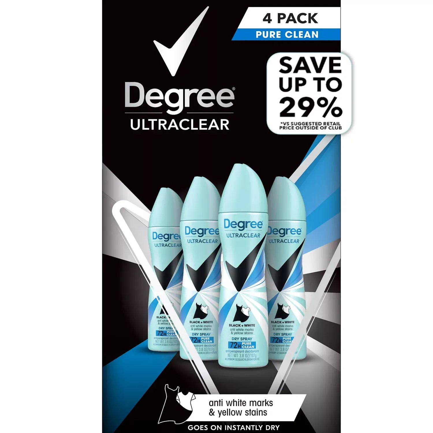 Degree For Women Black &amp; White Dry Spray Antiperspirant &amp; Deodorant, Pure Clean, 3.8 oz., 4 pk.