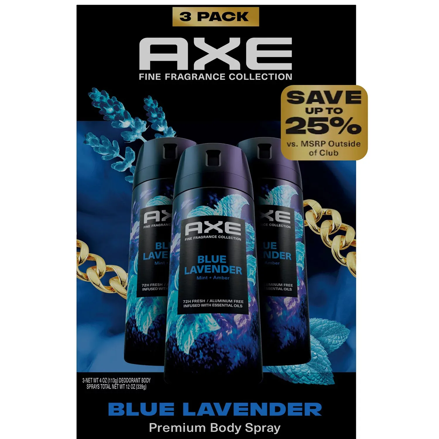 AXE Fine Fragrance Premium Deodorant Body Spray for Men, Blue Lavender, 4.0 oz., 3 pk.