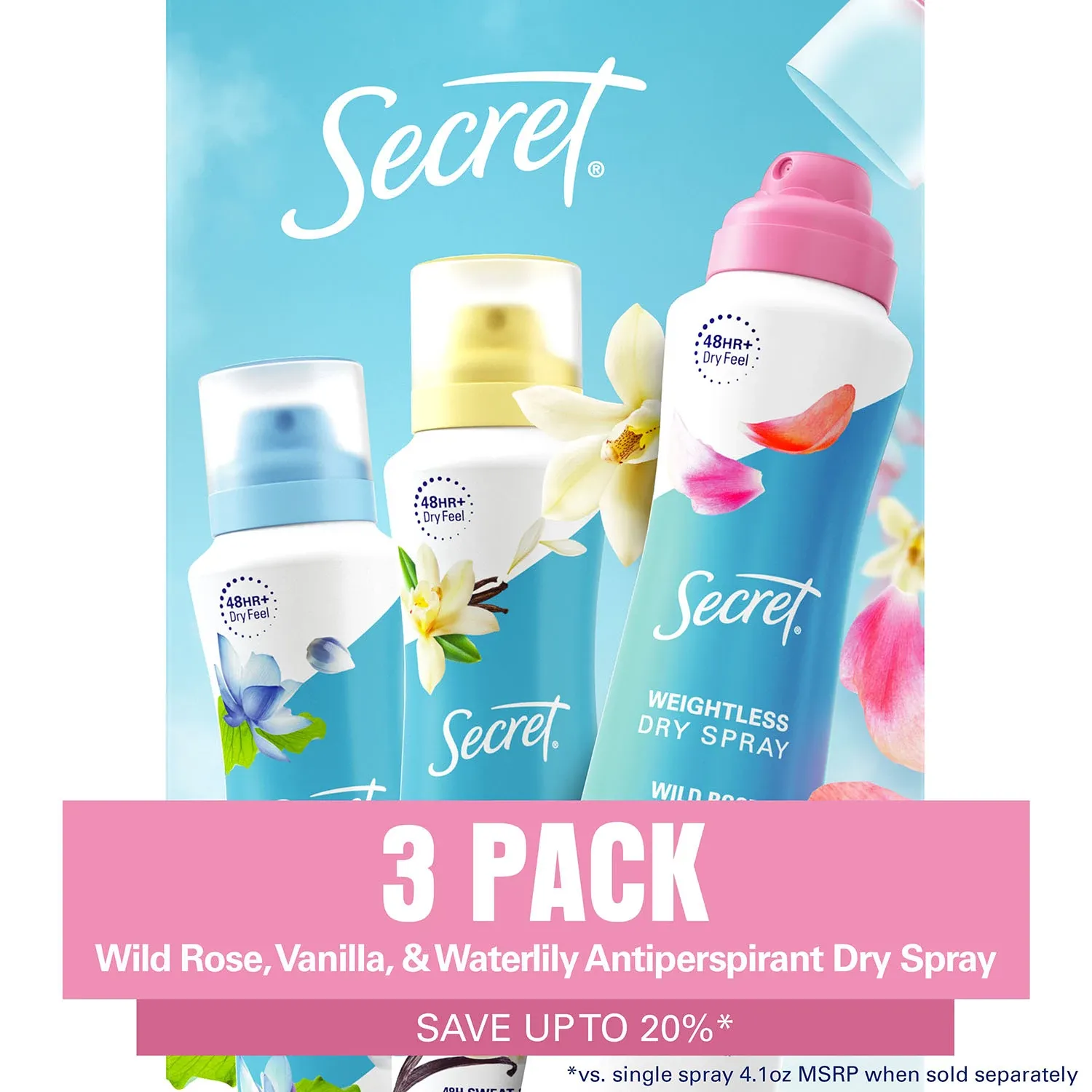 Secret Dry Spray Women&#39;s Antiperspirant Deodorant, Vanilla, Wild Rose &amp; Waterlily, 4.1 oz., 3 pk.