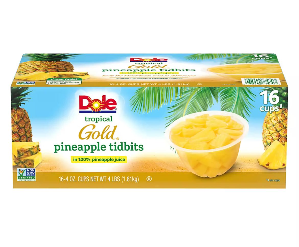 Dole Tropical Gold Premium Pineapple Tidbits, 16 pk./4 oz.