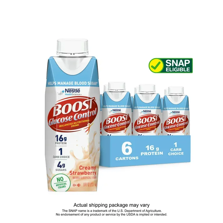 BOOST Glucose Control Nutritional Drink, Creamy Strawberry, 16 g Protein, 6 - 8 fl oz Cartons