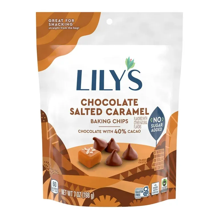 Lily&#39;s Chocolate Salted Caramel Flavored No Added Sugar Baking Chips, Bag 7 oz