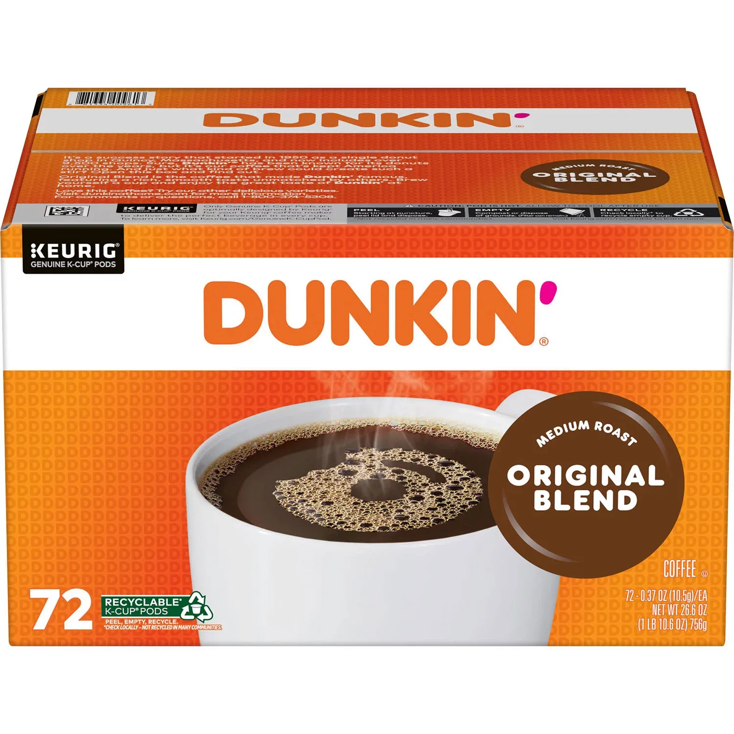 Dunkin&#39; Donuts Medium Roast K-Cup Coffee Pods, Original Blend, 72 ct.