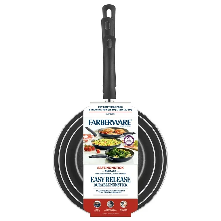 Farberware 3 Piece Easy Clean Aluminum Non-Stick Frying Pan, Fry Pan, Skillet Set, Black