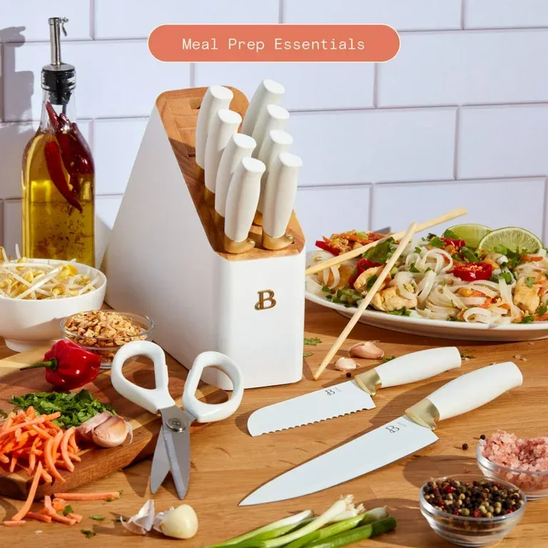 12 Piece Stainless Steel Knife Block Set, Soft-Grip Handles White Icing by Drew Barrymore