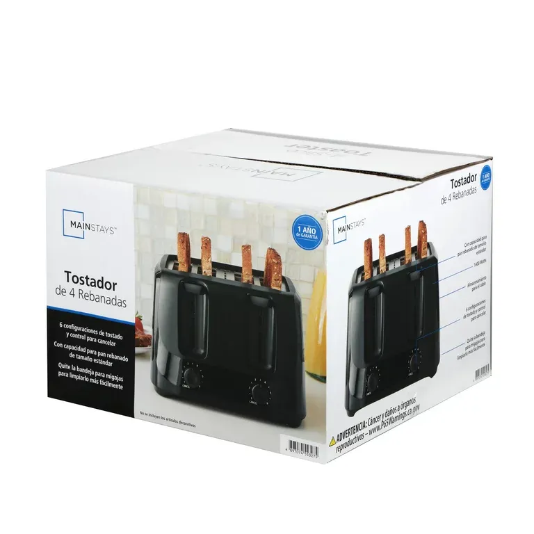 Mainstays 4-Slice Toaster Black with 6 Shade Settings and Removable Crumb Tray