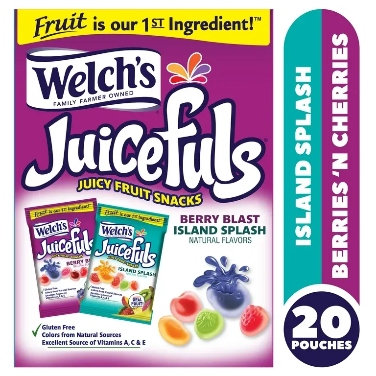 Welch’s Fruit Snacks, Juicefuls Berry Blast/Island Splash, 1 oz, 20 Pack