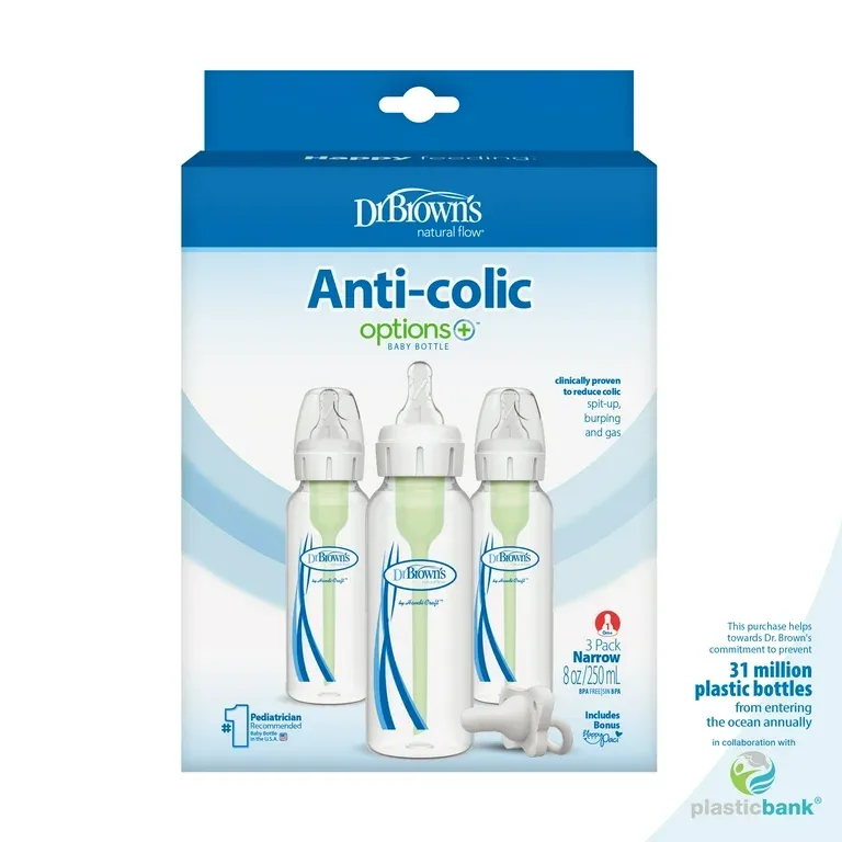 Dr. Brown&#39;s Natural Flow Anti-Colic Options+ Narrow Baby Bottle, 8oz/250ml, 3 Pack with HappyPaci