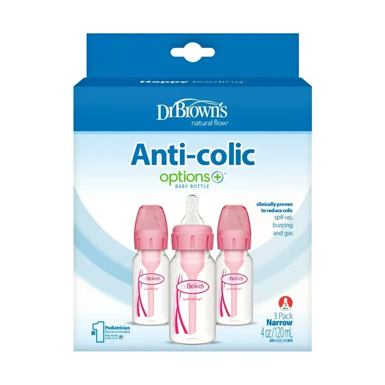 Dr. Brown&#39;s Natural Flow Anti-Colic Options+ Narrow Baby Bottle, 8oz/250ml, 3 Pack with HappyPaci -Pink