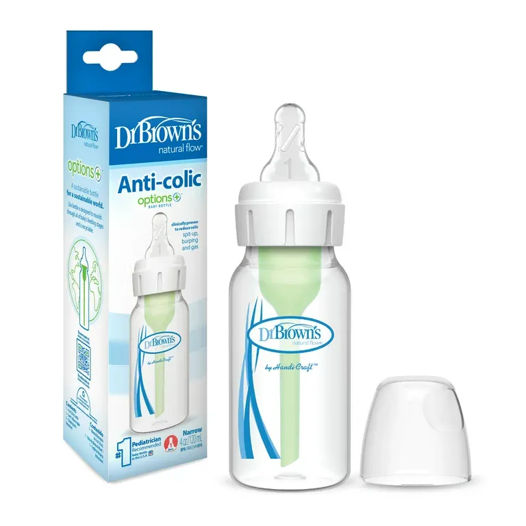 Dr. Brown&#39;s Natural Flow Anti-Colic Options+ Narrow Baby Bottle, 4oz/120mL, with Level 1 Slow Flow Nipple, 1-Pack, 0m+