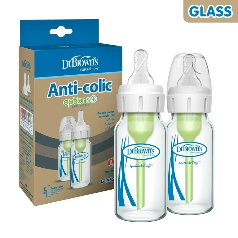 Dr. Brown&#39;s Natural Flow Anti-Colic Options+ Narrow Glass Baby Bottle, 4oz/120ml, Level 1 Nipples, 0m+, 2 Pack