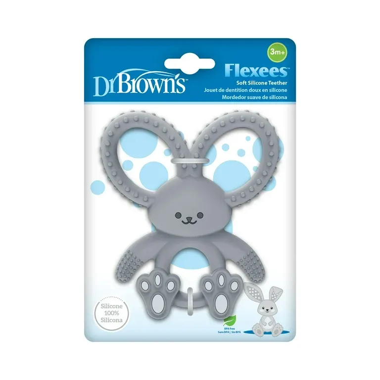 Dr. Brown&#39;s Flexees Baby Teether, Soft 100% Silicone, 3m+, BPA Free, Gray Bunny, 1 Pack