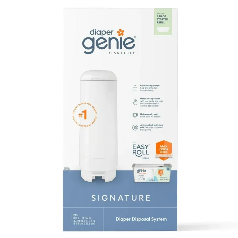 Diaper Genie Signature White Pail, Includes 1 Easy Roll Refill with 9 Bags, Infant, White