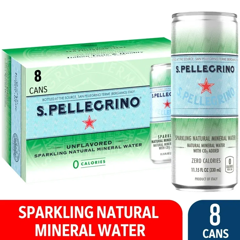 S.Pellegrino Sparkling Natural Unflavored Mineral Water, 89.2 fl oz, 8 Pack Cans