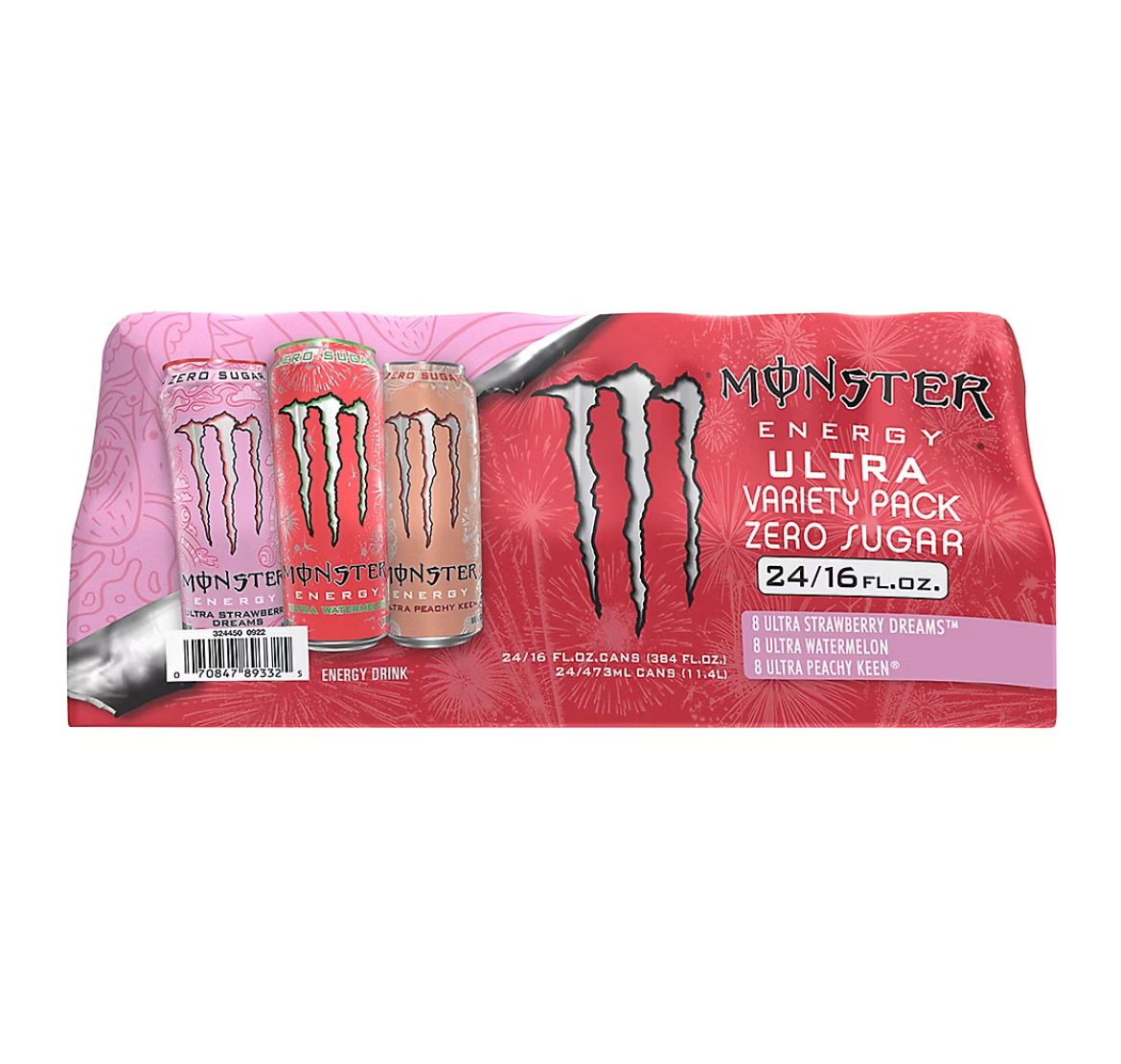 Monster Ultra Strawberry, Peach, Watermelon Variety Pack, 24 pk./16 oz.