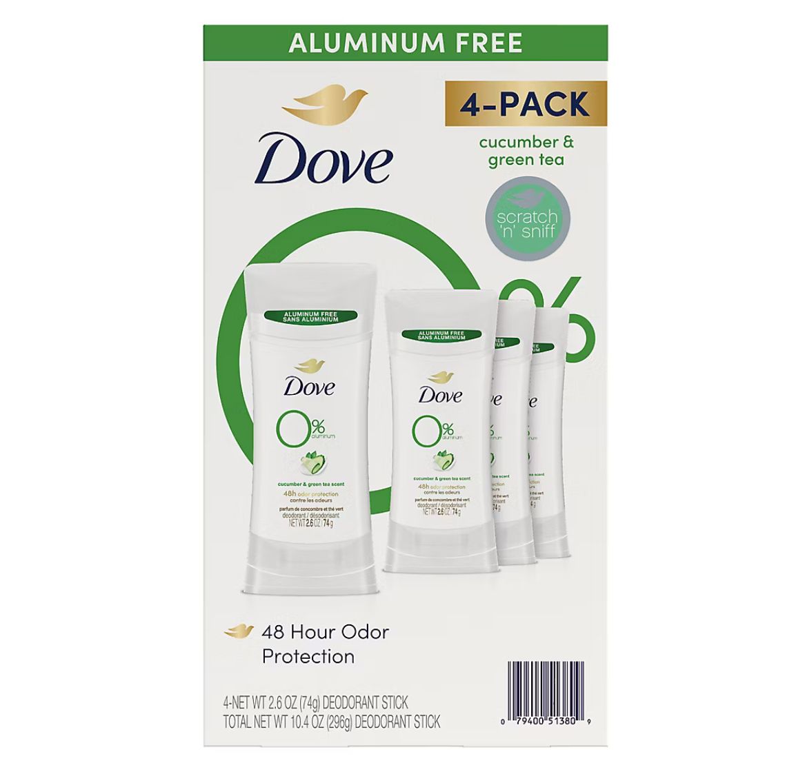 Dove 0% Aluminum Deodorant Stick - Cucumber and Green Tea, 4 pk./2.6 oz.