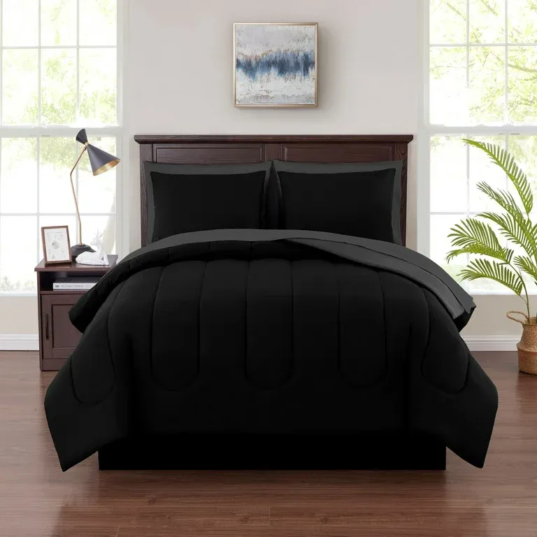 Mainstays 7 Piece Reversible Bed in a Bag Comforter Set with Sheets, Black, Full