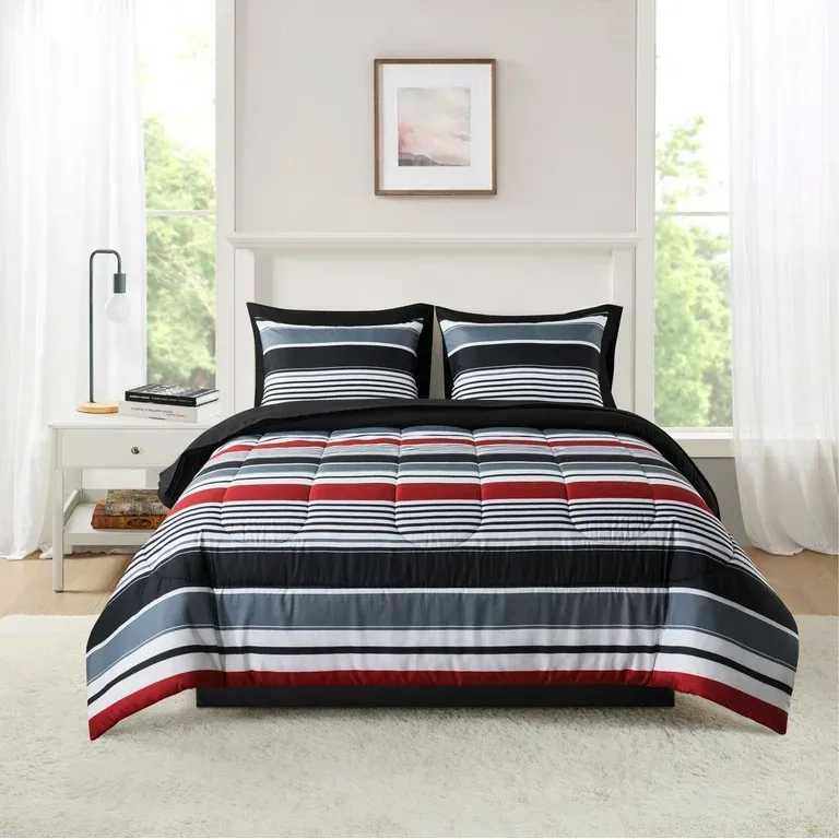 Mainstays 7 Piece Reversible Bed in a Bag Comforter Set with Sheets, Red Stripe, Queen