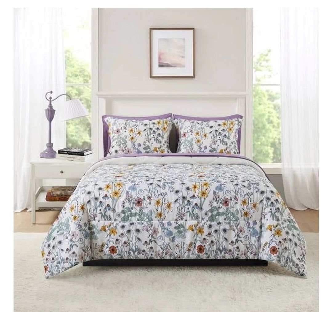 Mainstays 7 Piece Reversible Bed in a Bag Comforter Set with Sheets, Floral, Queen