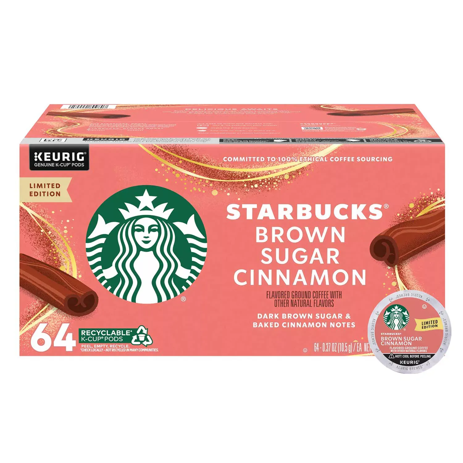 Starbucks Blonde Roast K-Cup Coffee Pods, Brown Sugar Cinnamon, 64 ct