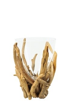VASE Laguna, Glas / Schwemmholz, Höhe 36cm
