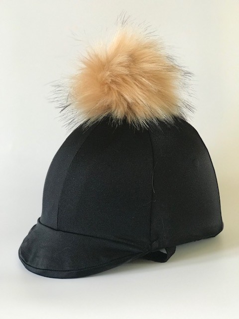 Lycra Riding Hat Silk skull cap cover BLACK  Extra Large BEIGE Faux Fur Pompom 