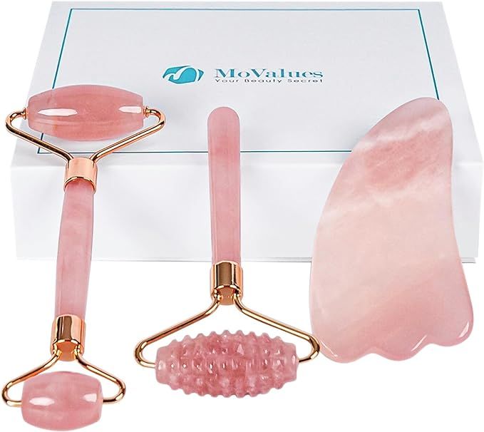 Rose Quartz Roller And Gua Sha Facial Tools 4 Piece