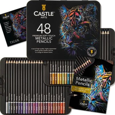 Castle Art Supplies Metallic Pencils Set Protected and Organized in Presentation Tin Box