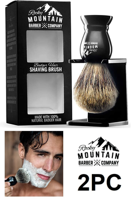 2PC Rocky Mountain Barber Company Badger Hair Shaving Brush and Stand