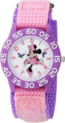 Disney Minnie Mouse Kids&#39; Bezel Stainless Steel Time Teacher Analog Nylon Strap Watch