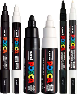 Posca - Black &amp; White Bullet Tip 7M, 5M, 3M - Set of 6 Pens