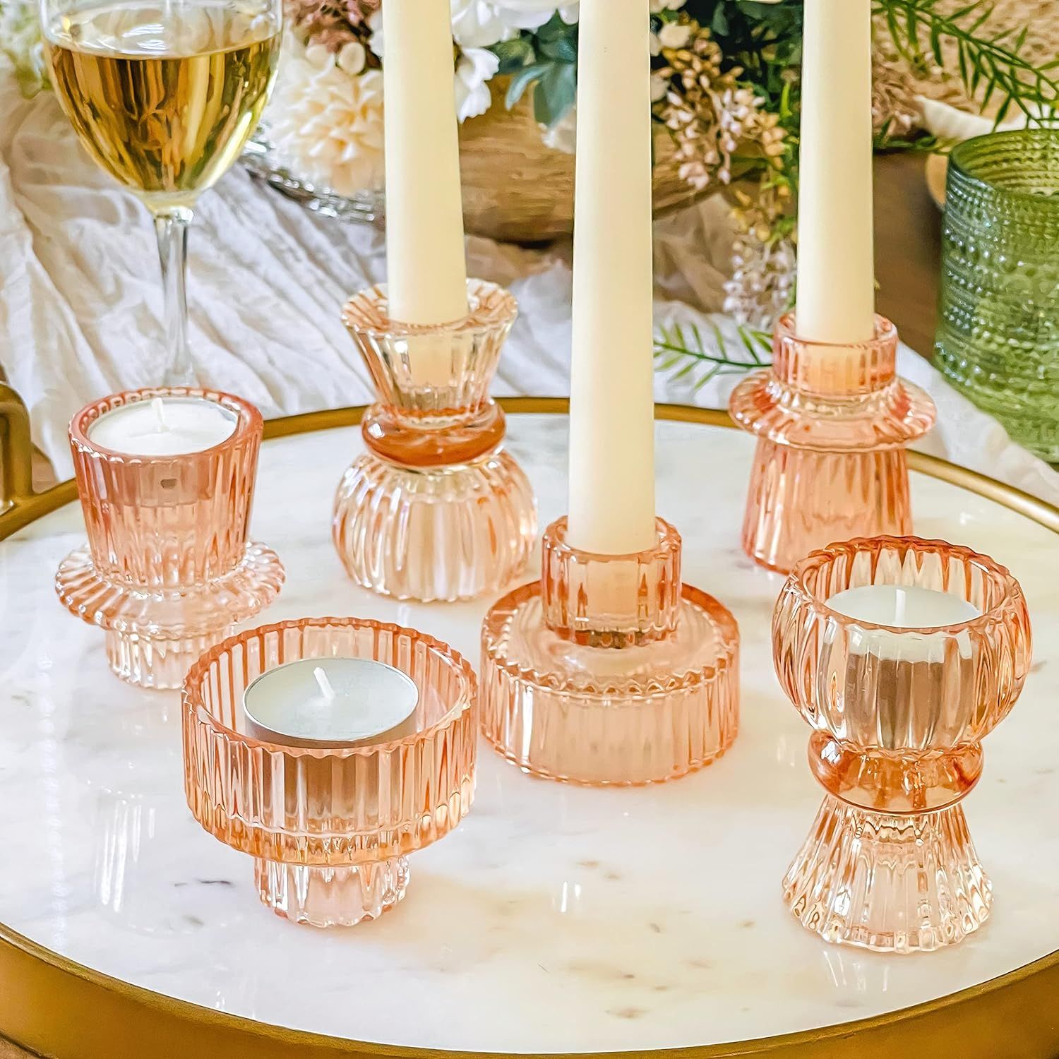 Double Sided Vintage Ribbed Rose Gold Pink Glass Candlestick Holders