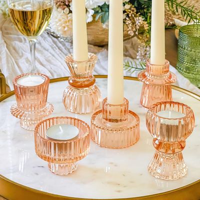 Double Sided Vintage Ribbed Rose Gold Pink Glass Candlestick Holders