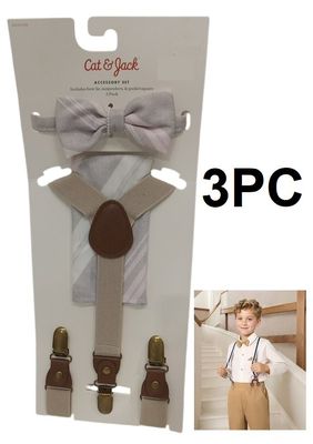 3PC Boy&#39;s Bow Tie, Hanker Chief and Suspenders Accessory Set -Pink/Brown