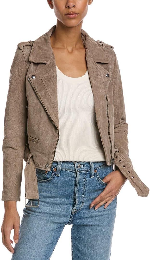 Women&#39;s 100% Suede Leather Buckled Moto Jacket - French Taupe -Small
