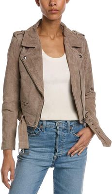 Women&#39;s 100% Suede Leather Buckled Moto Jacket - French Taupe -Small