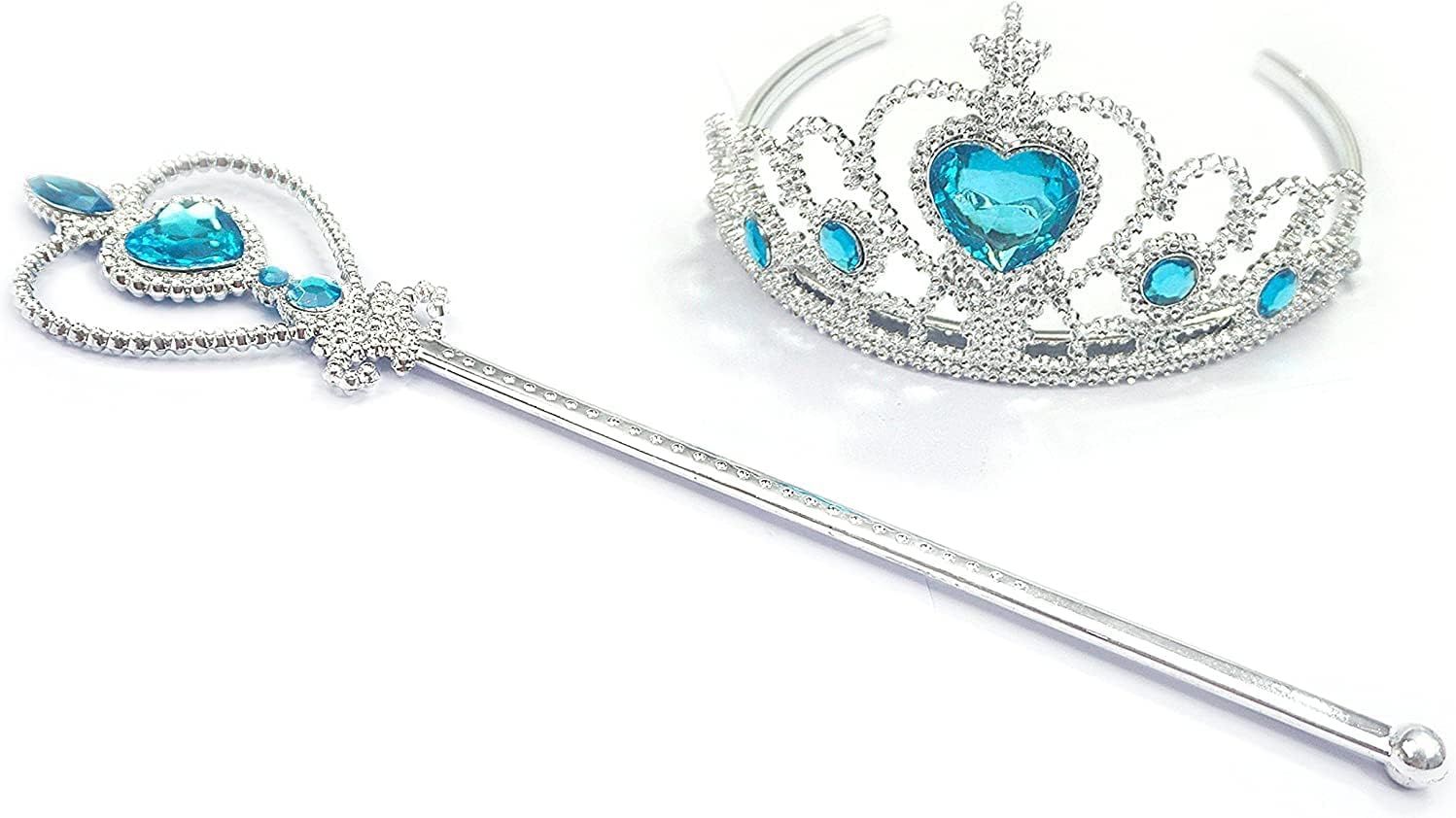 Frozen Elsa Crown Tiara and Wand Set – Silver Heart Jewel (Blue)