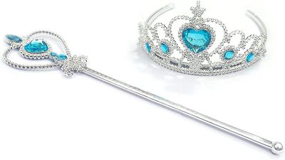Frozen Elsa Crown Tiara and Wand Set – Silver Heart Jewel (Blue)