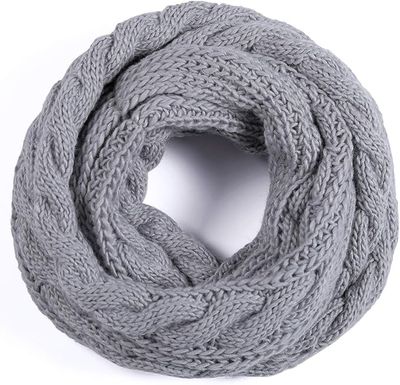 Thick Cable Knit Ribbed Infinity Circle Loop Scarf- OSFM- SOFT GREY