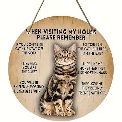Rustic Cat House Rules Wooden Sign, 8-inch Round Decorative Plaque