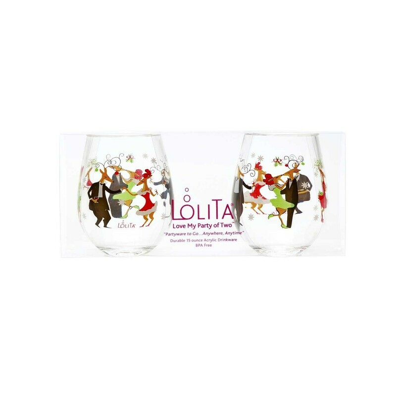 Stemless Acrylic Wine Drinkware Set - Reindeer Holiday