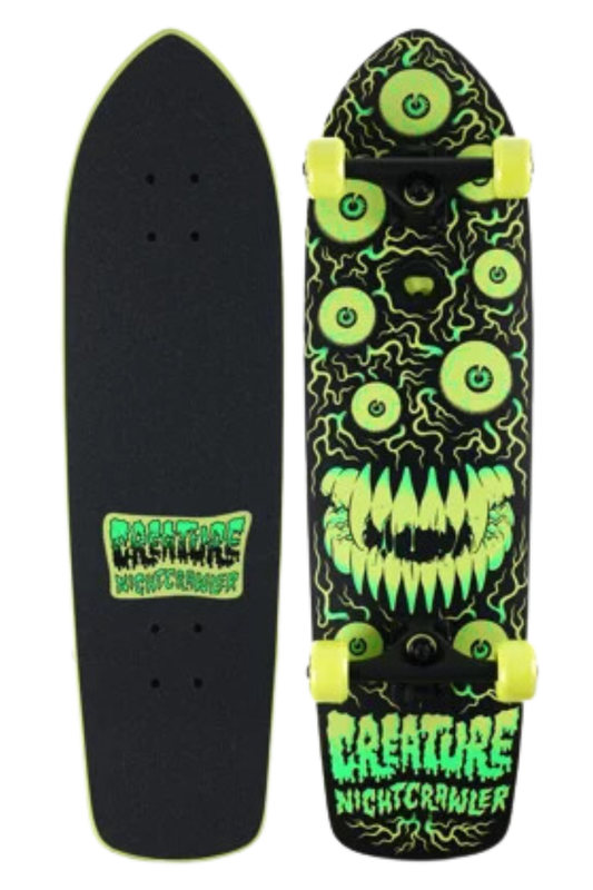 NIGHTCRAWLER 8.6&quot; CRUISER SKATEBOARD

8.6&quot; x 30.7&quot;
14.25&quot; - 14.75&quot; Wheelbase
7-Ply Maple Construction
Black Independent Trucks
54mm / 78A OJ Wheels
Glow in the dark graphic
Bottle opener on bottom of deck