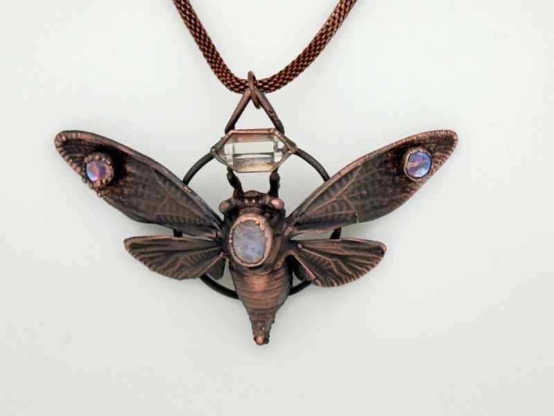 &#39;Evelina&#39; Electroformed Cicada, Moonstone, Quartz, Glass