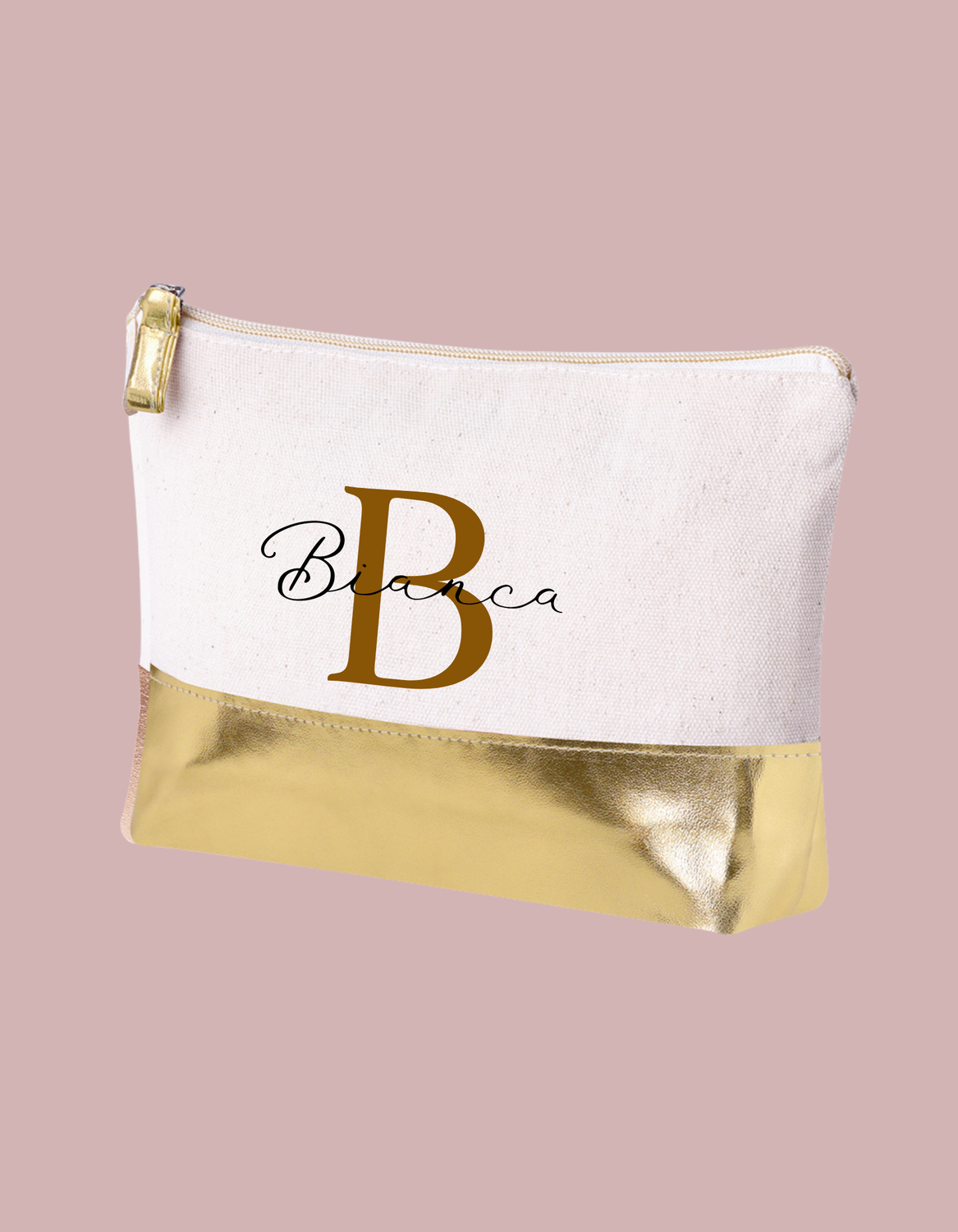 Makeup bag Dorado con inicial y nombre personalizable